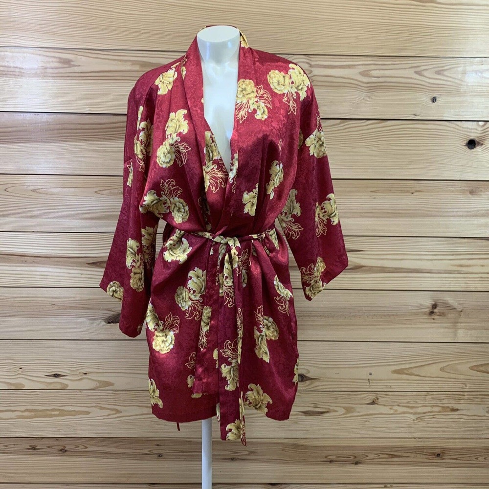 Vintage Victoria's Secret Robe Medium Red Gold Floral Short Pockets Wrap B161